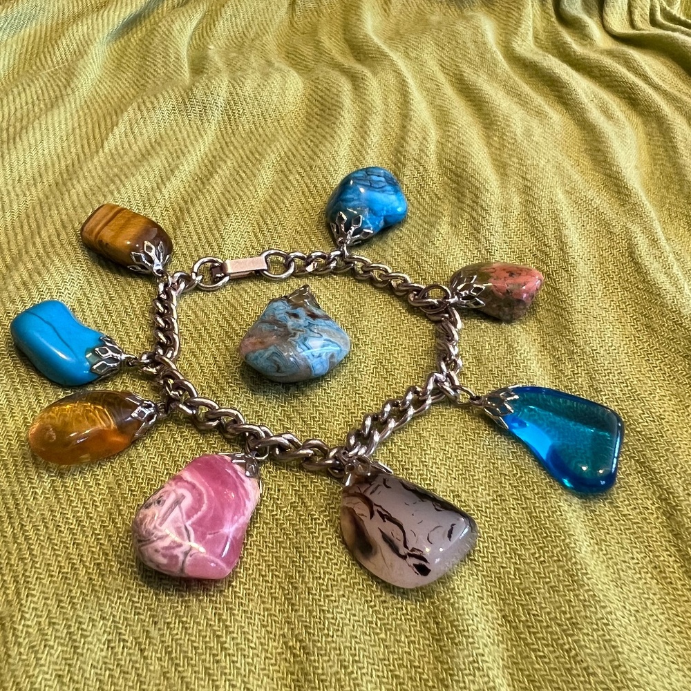 Vintage polished rock charm bracelet and pendant